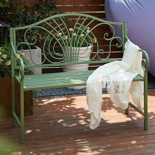 43" Outdoor Metal Garden Bench，Patio Bench，Porch Bench Chair,Outdoor Bench 2-Person,Iron Steel Frame Patio Bench,with Backrest and Armrests,Porch Bench for Poolside, Balcony,Green