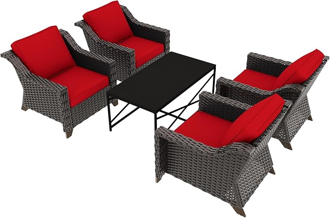 5 Pieces Outdoor Conversation Furniture Set - 4 PE Rattan Armchairs, 1 Metal Coffee Table - Photo 6