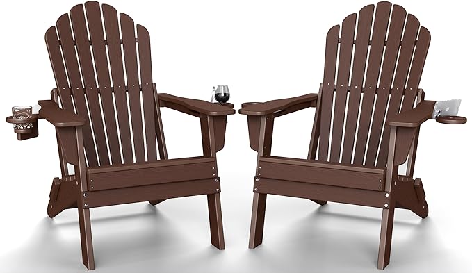 Plawdlik Folding Adirondack Chair Set of 2 with 2 Cup Holder,SGS Tested,Widened Heavy All-Weather HDPE Comfortable Seating,Wooden Textured, Ourdoor Patio Chairs,Coffee