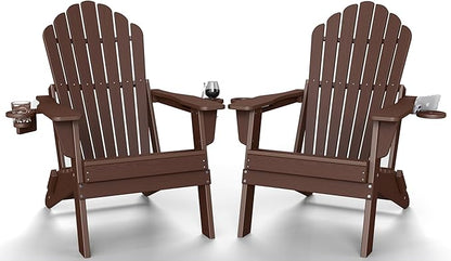 Plawdlik Folding Adirondack Chair Set of 2 with 2 Cup Holder,SGS Tested,Widened Heavy All-Weather HDPE Comfortable Seating,Wooden Textured, Ourdoor Patio Chairs,Coffee