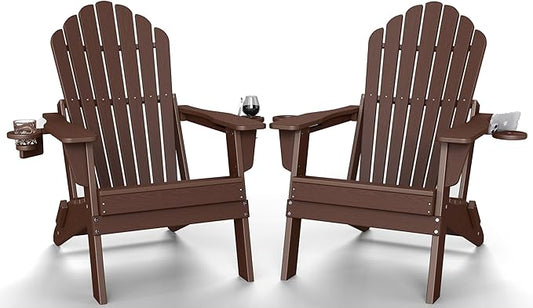 Plawdlik Folding Adirondack Chair Set of 2 with 2 Cup Holder,SGS Tested,Widened Heavy All-Weather HDPE Comfortable Seating,Wooden Textured, Ourdoor Patio Chairs,Coffee