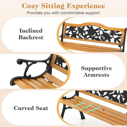 Giantex Outdoor Bench with Slatted Seat, Curved Armrests, Flower Pattern Backrest, 470 Lbs Capacity, Cast Iron Metal Patio Bench for Garden, Outside, Lawn, Porch, Yard, Park Bench