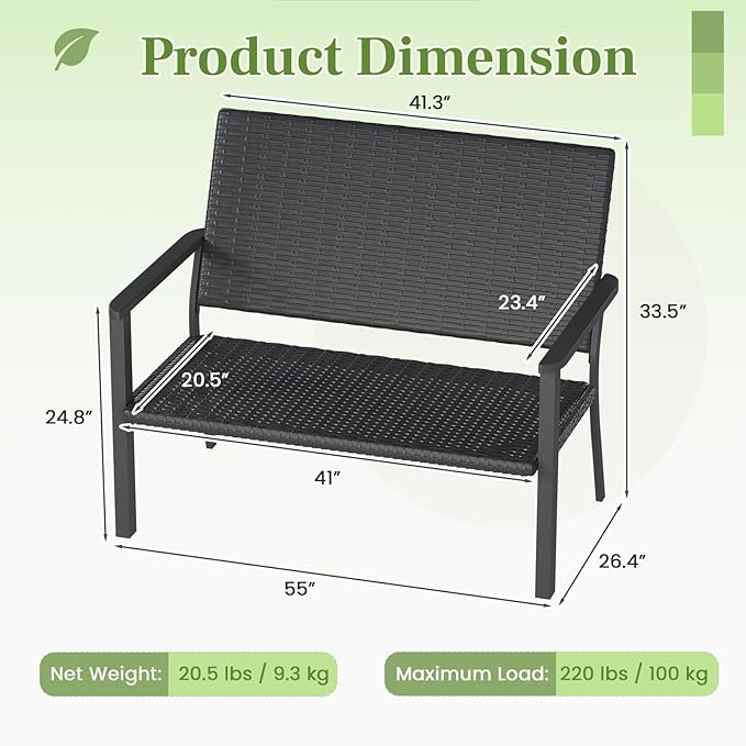 AECOJOY Outdoor Garden Bench, Weatherproof Wicker Outside Benches Clearance, Black Patio Loveseat with Backrest Armrests for Lawn Yard Porch Work Entryway (Black Rattan Back)
