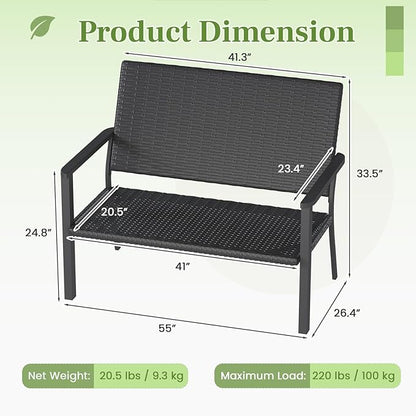 AECOJOY Outdoor Garden Bench, Weatherproof Wicker Outside Benches Clearance, Black Patio Loveseat with Backrest Armrests for Lawn Yard Porch Work Entryway (Black Rattan Back)