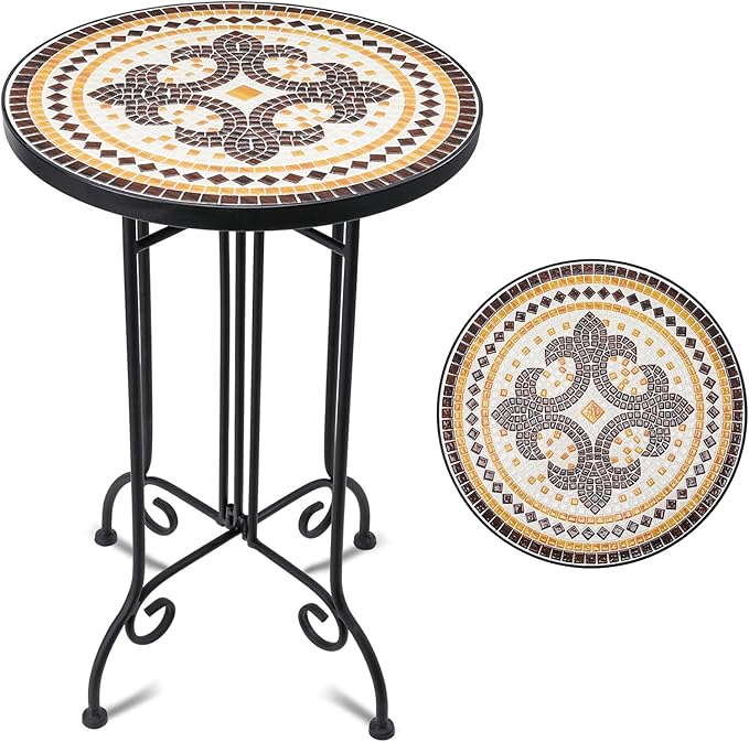 VCUTEKA Mosaic Outdoor Side Table, Round Rustproof Patio Tables with 14" Ceramic Tile Top - Photo 1