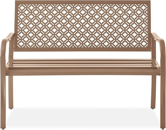 Best Choice Products Outdoor Bench 2-Person Metal Steel Benches Furniture for Garden, Patio, Porch, Entryway w/Geometric Backrest, 790lb Capacity - Taupe
