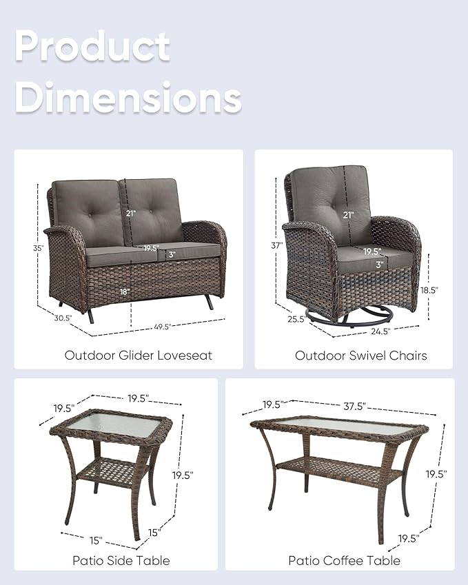 5 Pieces Patio Furniture Set-Outdoor Rocking Chairs Set of 2 Outdoor Glider Bench with Wicker Outdoor Coffee Table for - Photo 2