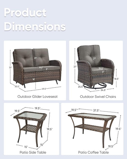5 Pieces Patio Furniture Set-Outdoor Rocking Chairs Set of 2 Outdoor Glider Bench with Wicker Outdoor Coffee Table for Deck Lawn Porch Balcony Poolside-Brown/Grey