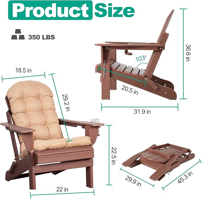 Adirondack Chairs Set of 2 with Cushions & Cup Holders, HDPE Weather Resistant Folding Adirondack Chair for Adults - Photo 3