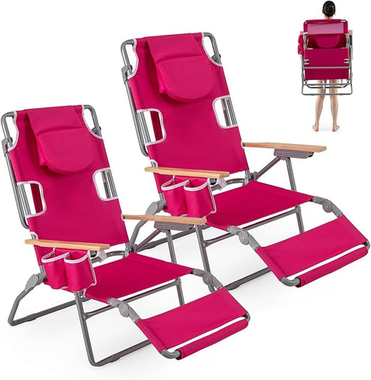 Goplus 3-in-1 Foldable Beach Chair, Lay-Flat Tanning Chair with Face and Arm Holes, Footrest, 330 lbs Heavy-Duty Portable Reclining Lounge Chairs for Outside, Camping, Patio, Poolside, Lawn (2,Red)