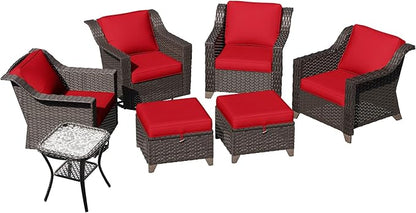 7 Pieces Patio Conversation Furniture Set - 2 Armchairs, 2 Ottomans, 2 Swivel Chairs, 1 Side Table, Outdoor Wicker Furniture with Removable Cushions for Porch, Balcony, Sunroom (Red)