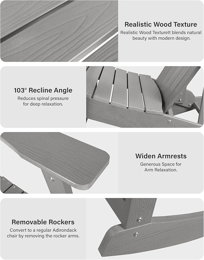 YEFU Outdoor Rocking Chair Set of 4,Adirondack Rocking Chair,Patio Rocker Chair with Wide Back,Oversized Rocker Chair Look Like Real Wood, for Lawn, Porch, Backyard, Indoor and Garden(Grey)