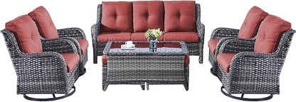 Rilyson Patio Furniture Swivel Chairs Set - 8 PC Wicker Rattan Outdoor Sectional Conversation Sets with 4 Swivel Rocking Chairs,2 Ottomans,1 Sofa and 1 Coffee Table for Porch Deck(Mixed Grey/Red)
