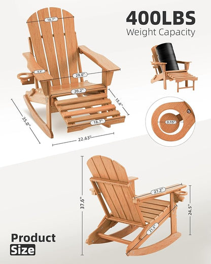 Folding Adirondack Rocking Chair Set of 2,4-in-1 Multifunctional Patio Chairs with Retractable Ottoman, Outdoor Chairs Wood Texture, Lawn Chair for Porch, Backyard, Pool(Teak)