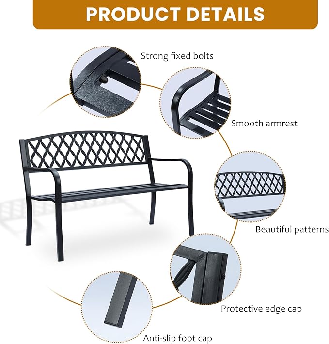 Lattice Metal Park Patio Bench, Outdoor Bench in Black for Porch, Lawn, Garden, Deck by Sun-Ray