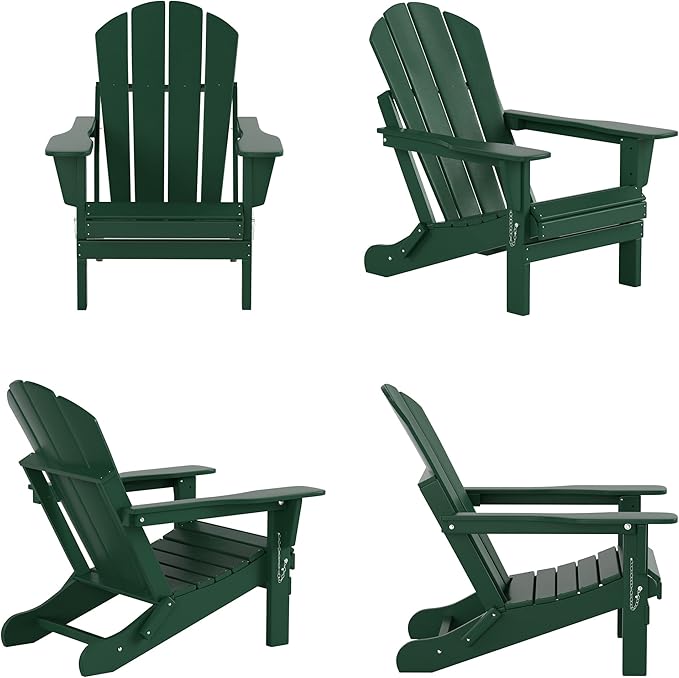 WestinTrends Malibu Outdoor Lounge Chairs Set, 5-Pieces Adirondack Chair Set of 2 with Ottoman and Side Table, All Weather Poly Lumber Patio Lawn Folding Chair for Outside, Dark Green