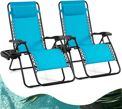 Goplus Zero Gravity Lounge Chairs, 160°Adjustable Folding Recliner w/Pillow and Cup Holder, 350LBS Comfy Outdoor Lounge Chairs for Patio, Lawn, Yard & Camp(Set of 2, Light Blue)