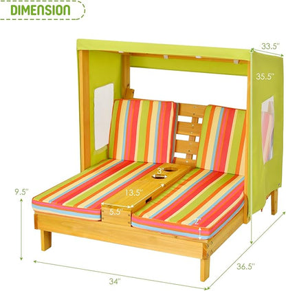 Costzon Kids Lounge Chair Outdoor, Wood Double Seat Chaise Lounge with Canopy, Cup Holders, Cushion, Backrest Recliner, Kids Patio Furniture, Gift for Boys Girls 3-8 Years Old