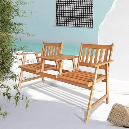 PayLessHere Outdoor Patio Bench Garden Bench Eucalyptus Wood Patio Bench with Table Outdoor Loveseat for Backyard Balcony Pool Beach Garden, Nature