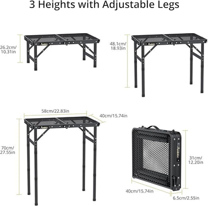 Anbte Folding Grill Table, Aluminum Camping Table Adjustable Height Max 27.5" Picnic Table Outdoor Table, Lightweight, Portable Handle for Travel Cooking BBQ Picnic, 22.8" x 16", Black