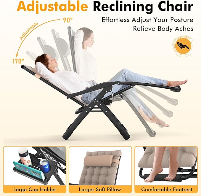Slendor Oversized Zero Gravity Chairs XXL, Padded Zero Gravity Lounge Chair, Lawn Recliner, Folding Patio Reclining Chair w/Aluminum Alloy Lock, Headrest, Cup Holder, Support 500lbs, Khaki