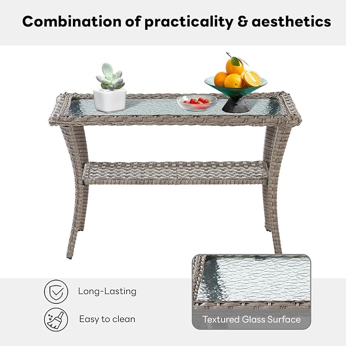 Belord 38 Inch Outdoor Coffee Table with 2 Tier Storage - Wicker Coffee Table with Water Ripple Texture Tempered Glass Top, All Weather Patio Coffee Table for Deck Porch Balcony Garden Gray