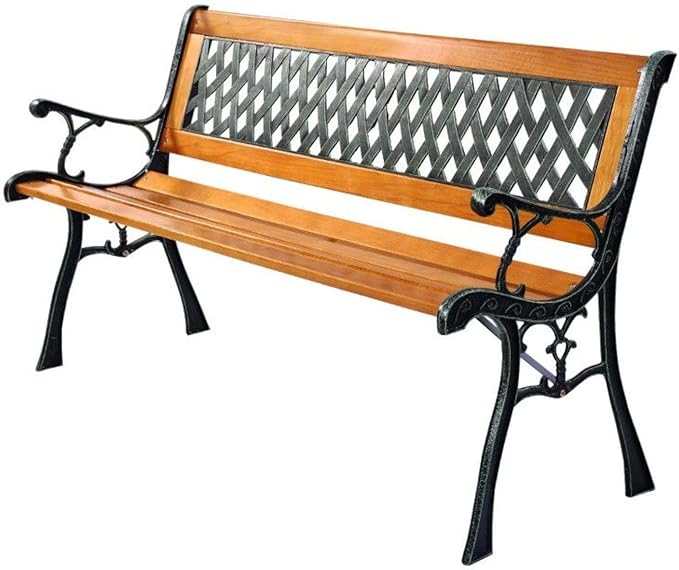 Cast Iron Patio Bench Outdoor - 49.5" Garden Bench for 3 Adults - Black Metal Bench with Wood Seat - Heavy Duty 463 lbs Capacity