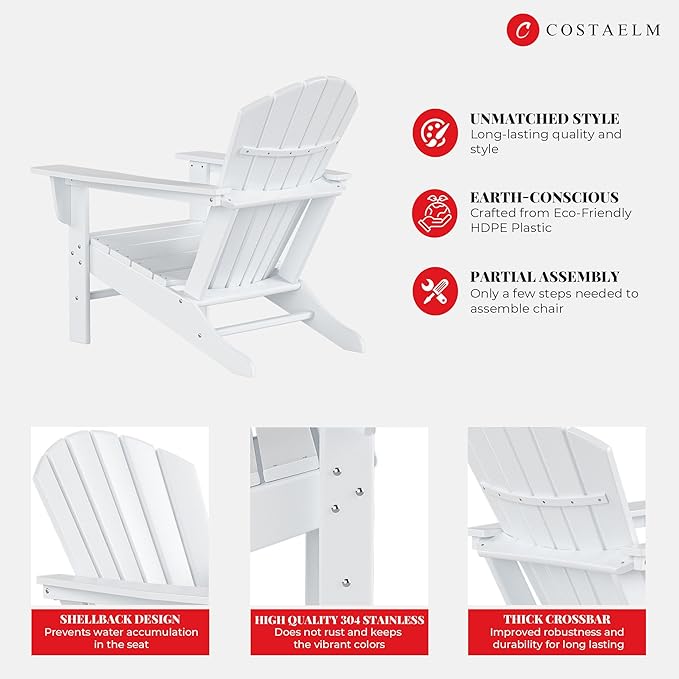 Costaelm Outdoor Adirondack Chair, HDPE Patio Chair, Weather Resistant Lawn Firepit Outside Chairs for Porch, Poolside, Garden, Backyard Deck, White