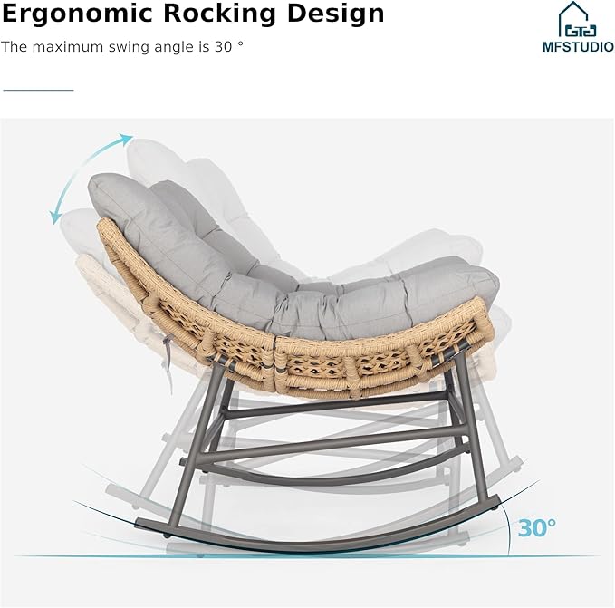 MFSTUDIO Outdoor Papasan Rocking Chair with Ottoman, Wicker Rattan Egg Papasan Rocking Chair, Oversized Egg Shaped Patio Chair, Outdoor Lounge Rocker Chairs for Patio, Balcony, Porch and Indoor