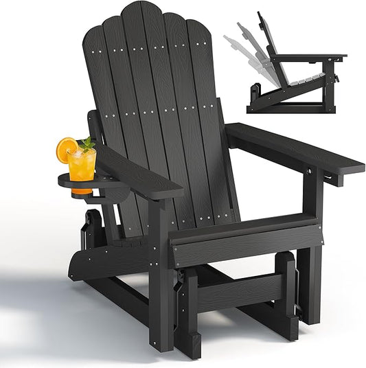 HDPE Outdoor Glider Chair,3-Position Adjustable Backrest Patio Glider, All-Weather Glider Rocker Chair with Cup Holders,Porch Glider for Outside,Deck,Fire Pit, Poolside,400LBS Capacity (Black)