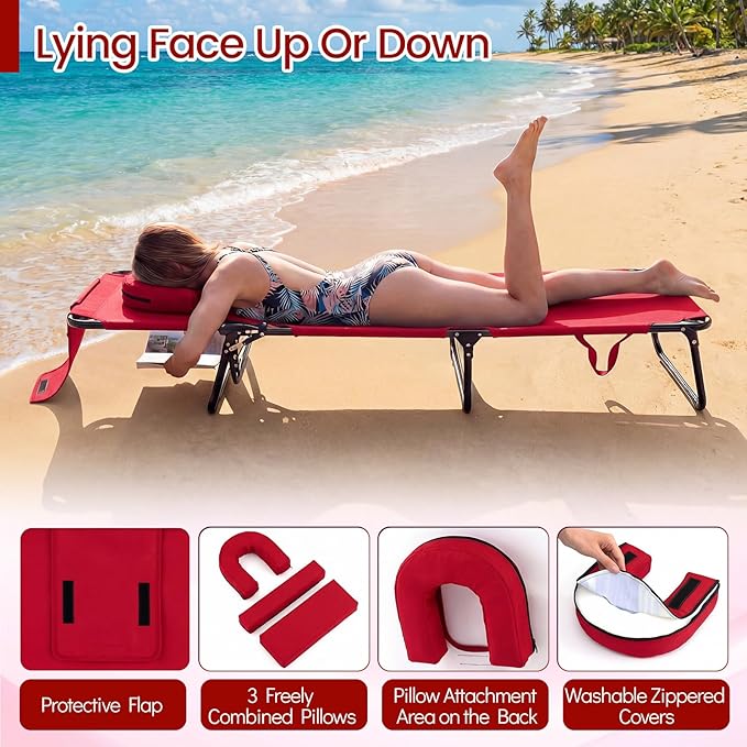 COSTWAY Tanning Chair with Face Hole, Pillows & Adjustable Backrest, Portable with Carrying Bag, Folding Beach Chaise Lounge for Sunbathing, Seaside (2, Red)