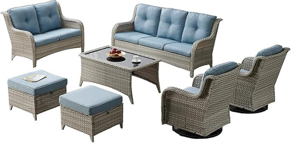 Patio Furniture Swivel Chairs Set - 7 PC Wicker Rattan Outdoor Sectional Conversation Sets with 2 Rocking Chair - Photo 1