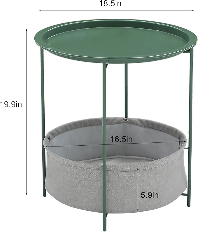 VECELO Round Side/End Table with Fabric Storage Basket，Metal Anti-Rust and Waterproof Small Bedside Nightstand with - Photo 3