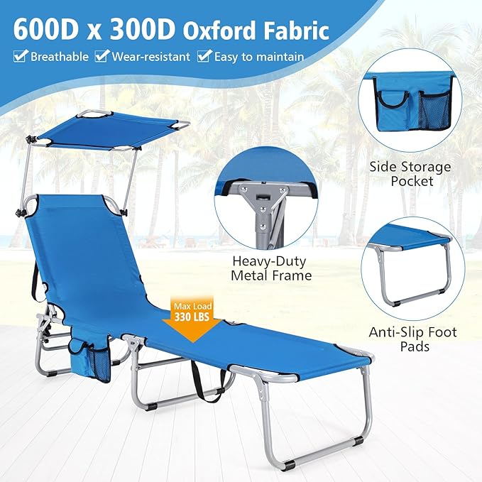 Goplus Tanning Chair, Foldable Beach Lounge Chair with 360°Canopy Sun Shade, Side Pocket - Photo 8