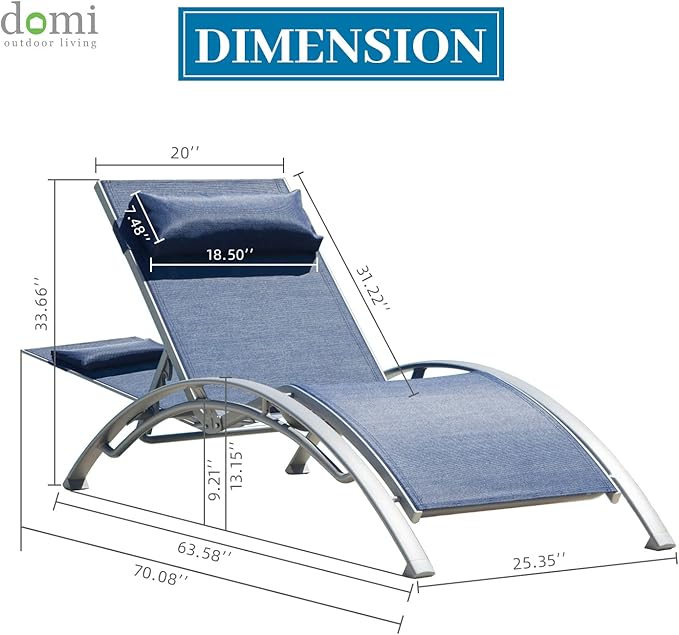 domi outdoor living Domi Lounge Chair Set of 2, Aluminum Lounge Chairs for Outside with 5 Adjustable Positions, Chaise Lounge Outdoor for Pool, Garden, Beach, Camping, Backyard (Blue) (LLFT0586-B)