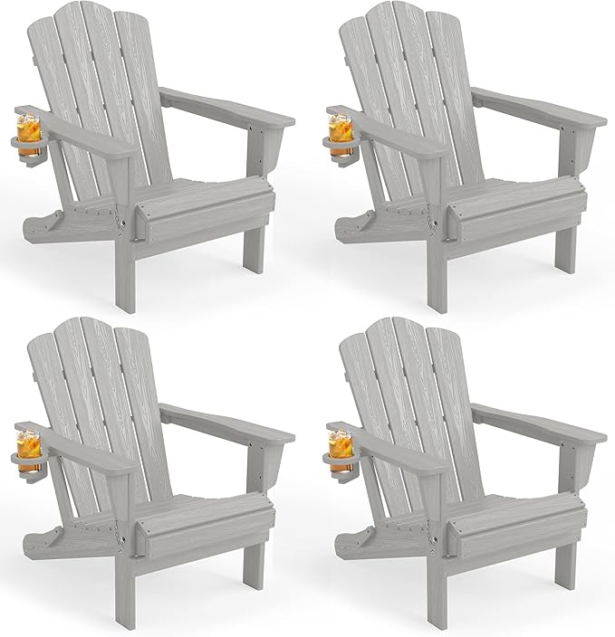 KINGYES Folding Adirondack Chair Set of 4, HDPE All-Weather Patio Chairs with Cup Holder, Wooden Textured Fire Pit Chairs for Poolside, Backyard, Deck, Silver Grey