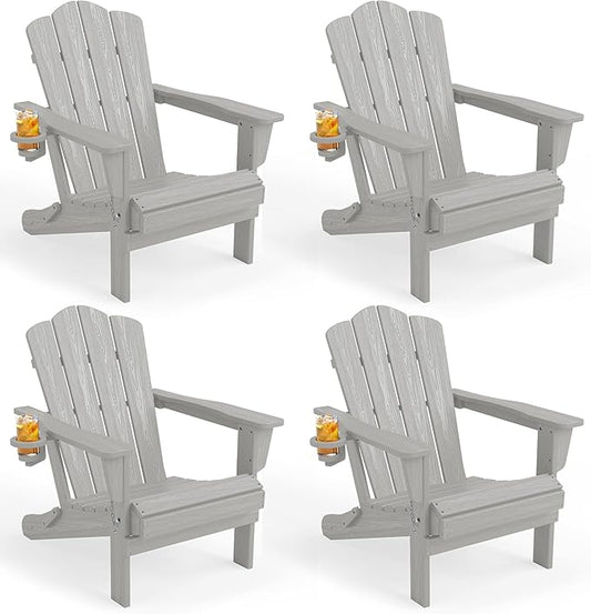KINGYES Folding Adirondack Chair Set of 4, HDPE All-Weather Patio Chairs with Cup Holder, Wooden Textured Fire Pit Chairs for Poolside, Backyard, Deck, Silver Grey