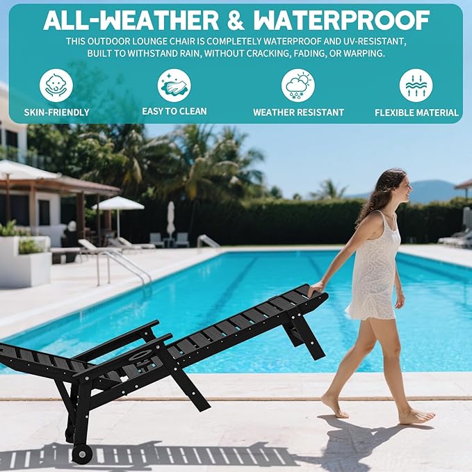Plawdlik Oversized Patio Chaise Lounge, 5 Positions Adjustable HDPE Outdoor Lounge Chair with Rolling Wheels & Cup Holder,All-Weather for Poolside, Beach, Garden - Black