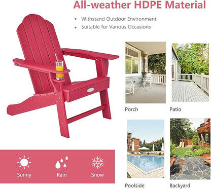Tangkula Adirondack Chair Outdoor, Fade Resistant HDPE Armchairs with Cup Holder, Weather Resistant Lounger Chairs for Patio Garden Backyard Deck, Lawn Porch Seating, Adirondack Lounger (2, Red)