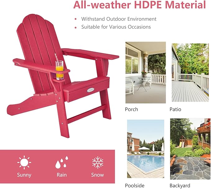 Tangkula Adirondack Chair Outdoor, Fade Resistant HDPE Armchairs with Cup Holder, Weather Resistant Lounger Chairs for Patio Garden Backyard Deck, Lawn Porch Seating, Adirondack Lounger (1, Red)