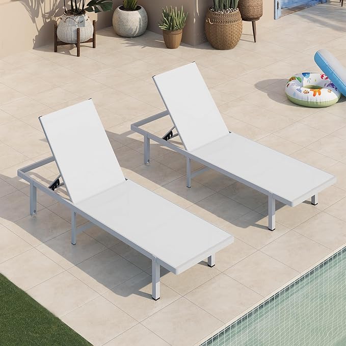 Aluminum Outdoor Lounge Chairs Set of 2, Pool Lounge Chairs with Wheels and 5-Position Recliner -Easy to Move- Patio Chaise Lounge Outdoor for Poolside, Deck, Beach (White)