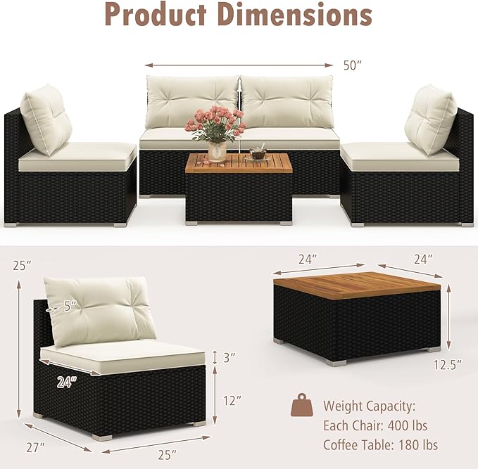 Tangkula 5 Piece Rattan Sofa Set, Patiojoy Outdoor Wicker Furniture Set with Seat & Back Cushions, Square Coffee Table, Patio Sectional Sofa Set for Backyard, Poolside, Garden