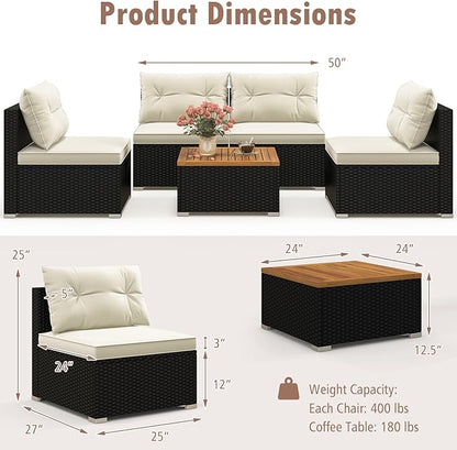 Tangkula 5 Piece Rattan Sofa Set, Patiojoy Outdoor Wicker Furniture Set with Seat & Back Cushions, Square Coffee Table, Patio Sectional Sofa Set for Backyard, Poolside, Garden
