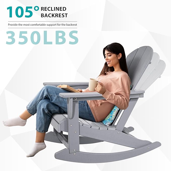 Sundale Outdoor Rocking Chair Set of 4 with Pillow, Patio Plastic All Weather Adirondack Rocker for Proch, Water Resistant for Outside, Garden, Pool, Yard, Grey