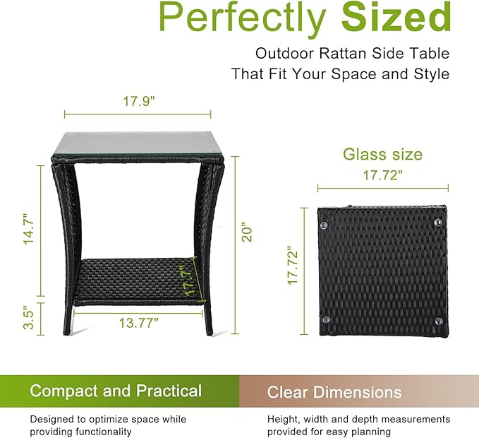 Outvita Outdoor Side Table, Rattan Coffee Table Small End Table with Glass Top Storage for Patio Porch Backyard Balcony