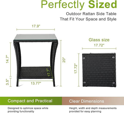 Outvita Outdoor Side Table, Rattan Coffee Table Small End Table with Glass Top Storage for Patio Porch Backyard Balcony