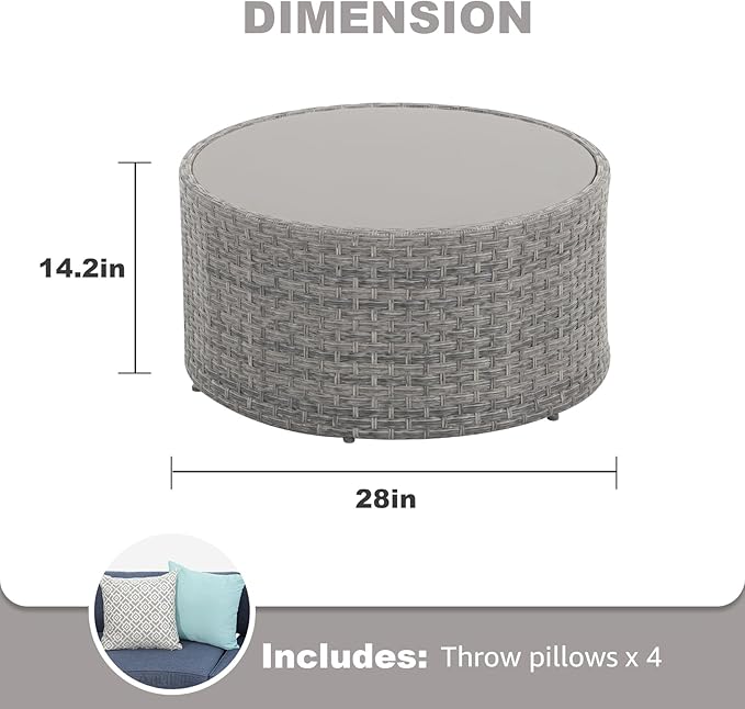 SUNSITT Round Outdoor Coffee Table with Tempered Glass Top, Rattan PE Resin Wicker Patio Side Table, Grey