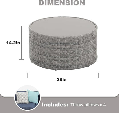 SUNSITT Round Outdoor Coffee Table with Tempered Glass Top, Rattan PE Resin Wicker Patio Side Table, Grey