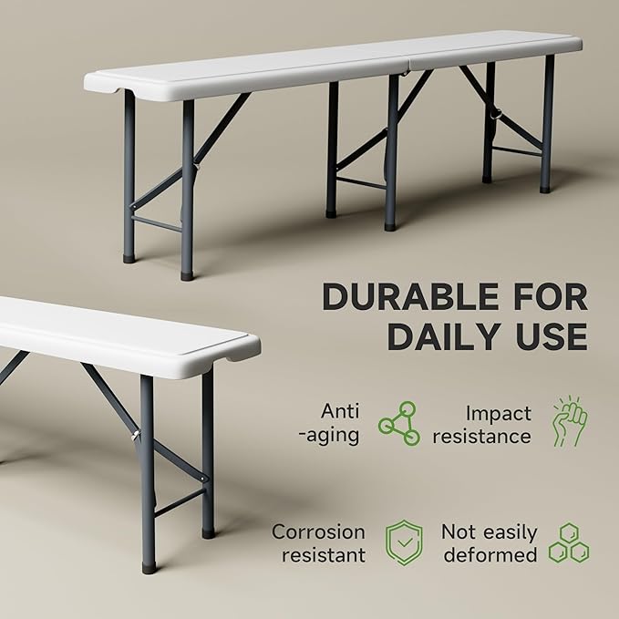 6FT Folding Bench - Heavy Duty 770lbs Capacity, Safety Locking Button & Wider Carrying Handle, Foldable Portable Bench for Outdoor, Picnic, Storage, Camping - White, 1 Pack