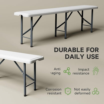 6FT Folding Bench - Heavy Duty 770lbs Capacity, Safety Locking Button & Wider Carrying Handle, Foldable Portable Bench for Outdoor, Picnic, Storage, Camping - White, 1 Pack
